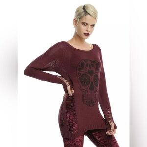 Distressed Sugar Skull Sweater Burgundy Knit Gothic Alt Women’s Sweater Sz Small